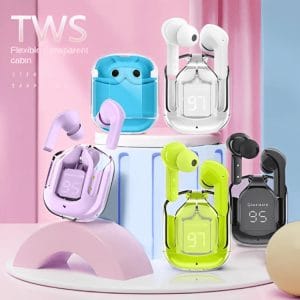 Futuristic transparent case and earbuds.