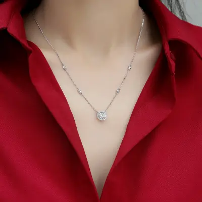 Diamond Stone 1ct Moissanite Rhodium Plated Pendant S925 Sterling Silver Charm Chain Necklace